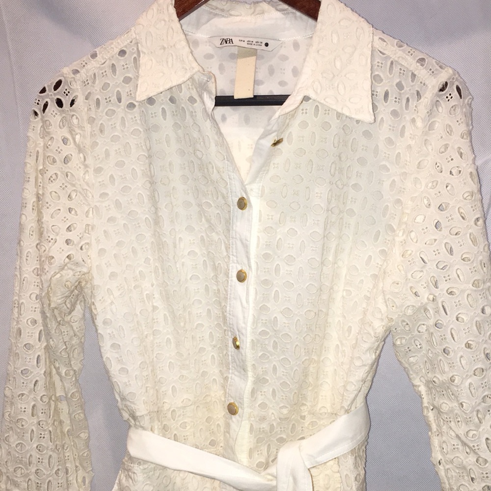 Zara Cut Out Lace Cream Mini Dress | Long Sleeve Belted Dress | Size M